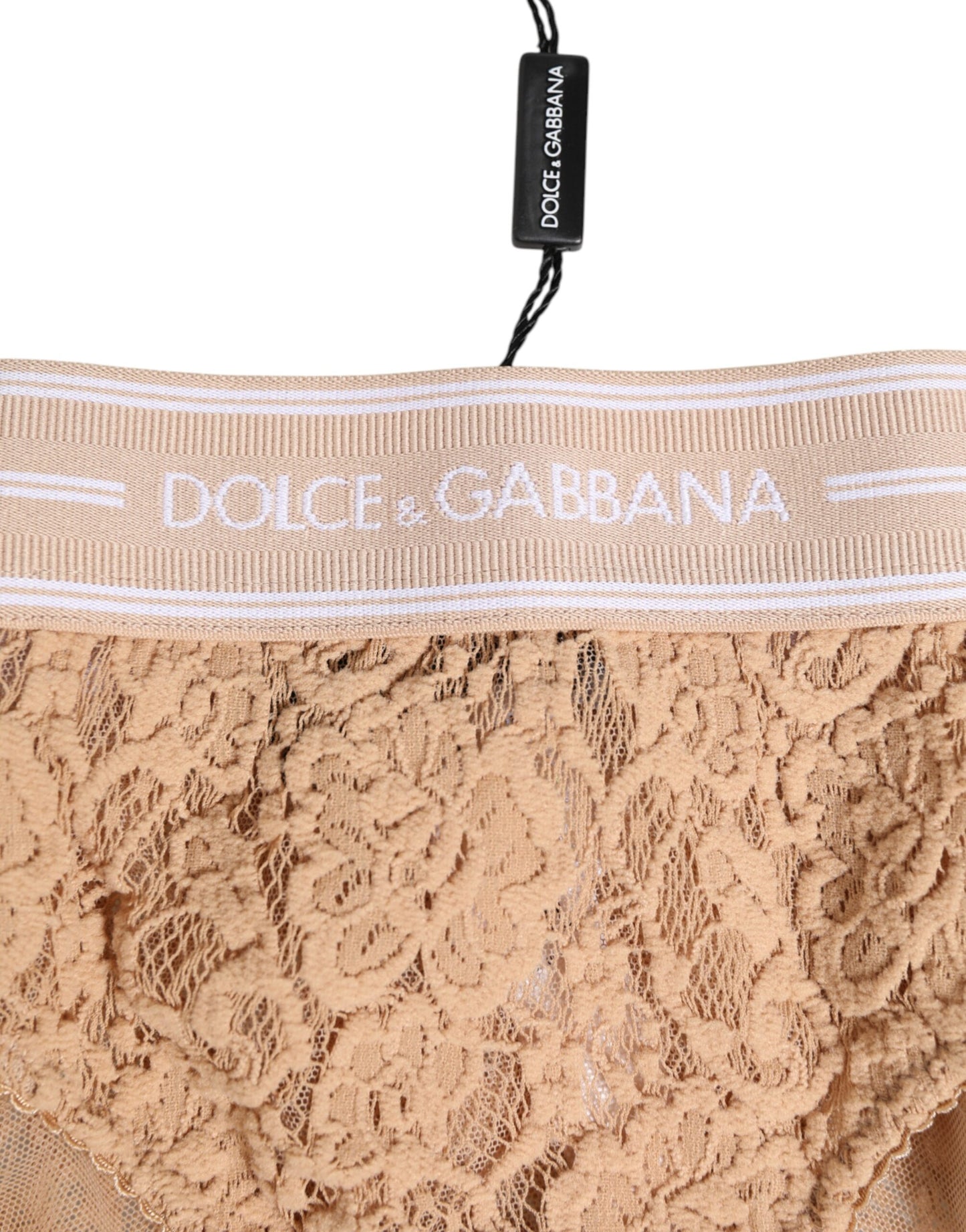 Beige Lace Brasiliano Briefs Logo Waistband Underwear