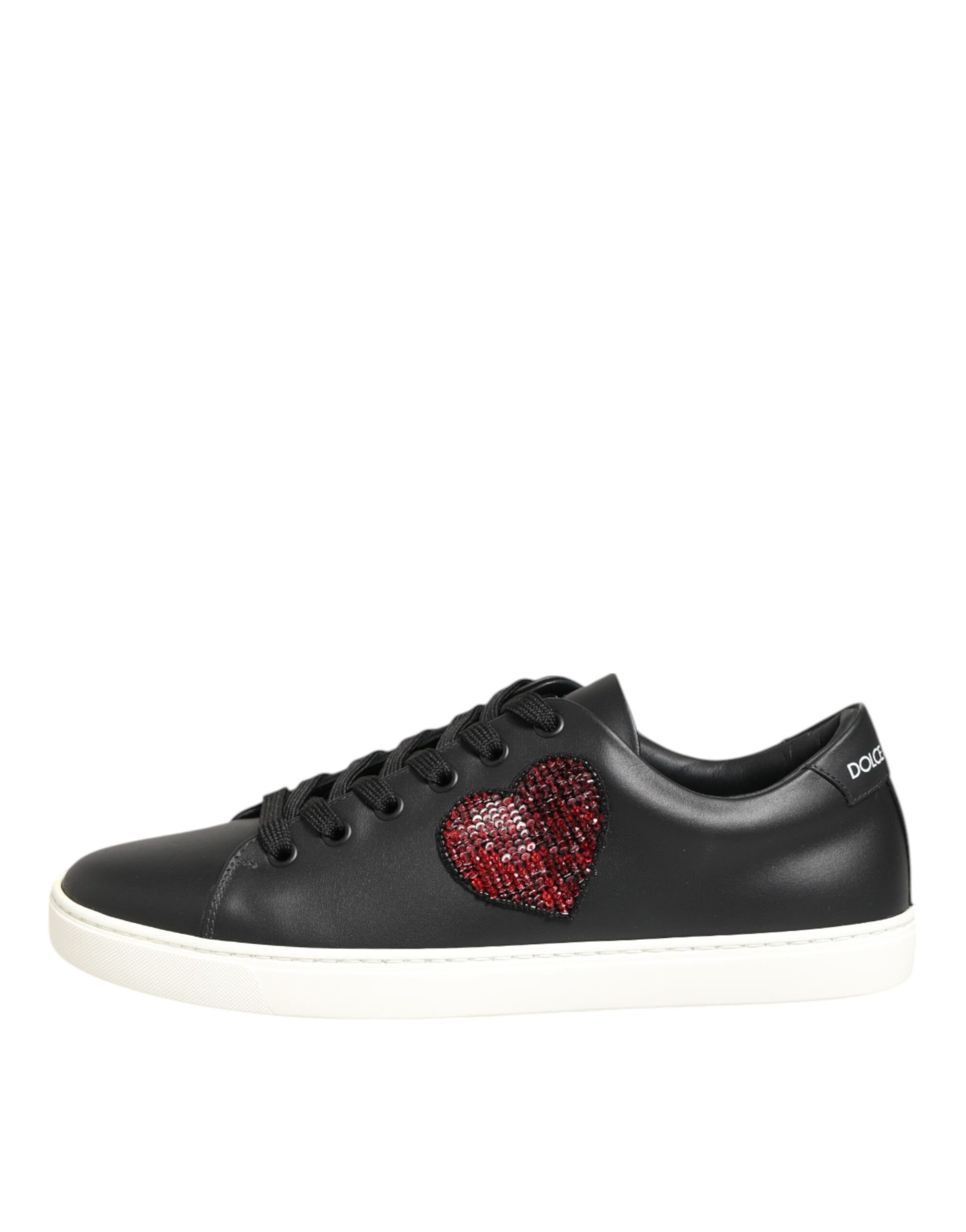 Black White Leather Crystal Heart Sneakers Shoes