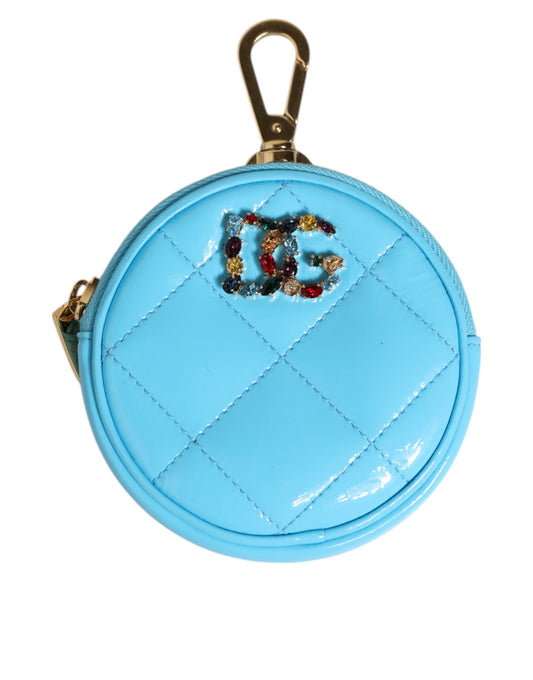 Azure Blue Leather Round Coin Purse Keychain Crystal Logo Wallet