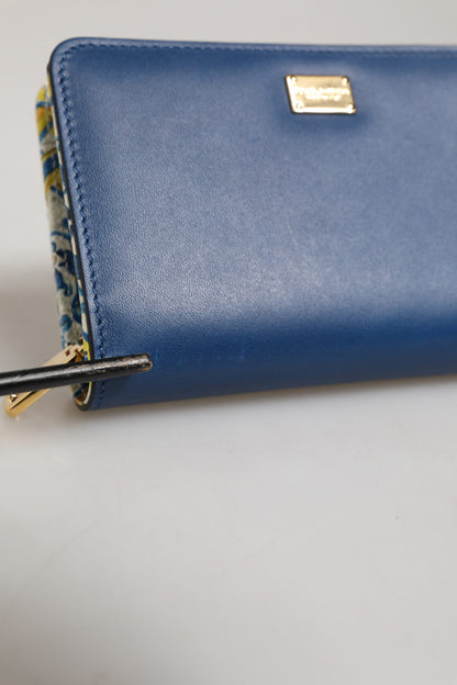 Blue Leather Continental Tile Print Zip Card Holder Purse Wallet