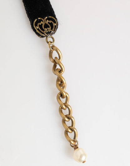 Blue Floral Appliqué Velvet Choker Crystal Beads Necklace