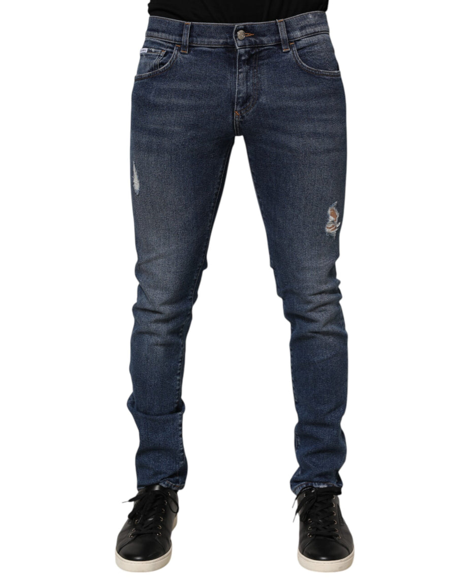 Blue Cotton Logo Plaque Skinny Men Denim Jeans