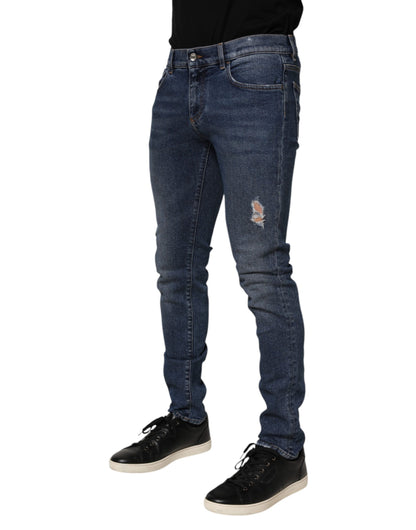 Blue Cotton Logo Plaque Skinny Men Denim Jeans