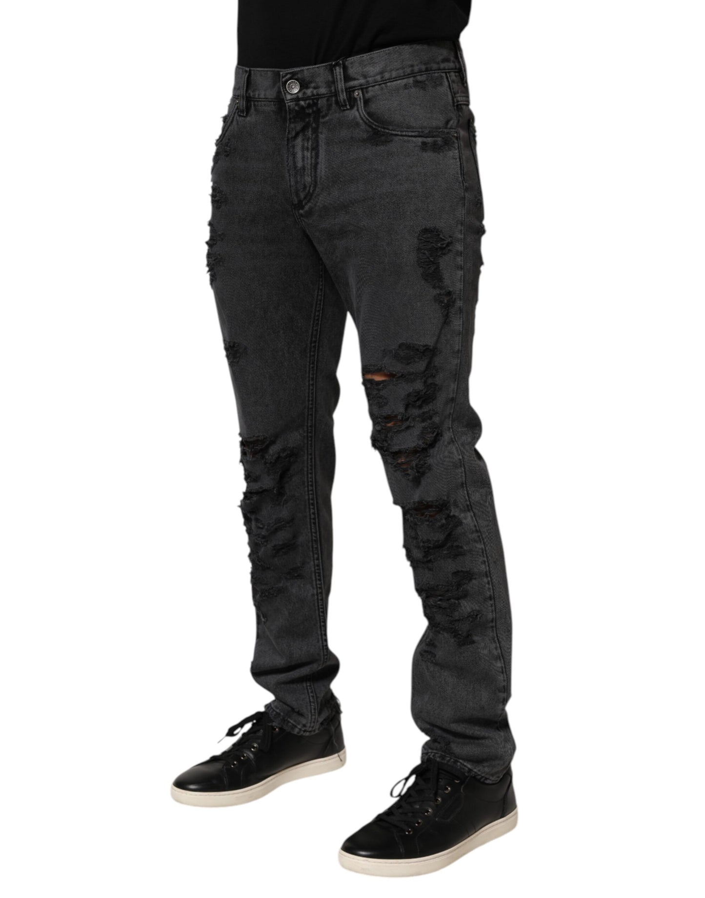 Black Tattered Skinny Cotton Men Denim Jeans