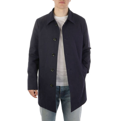 Blue Cotton Men Trench Coat