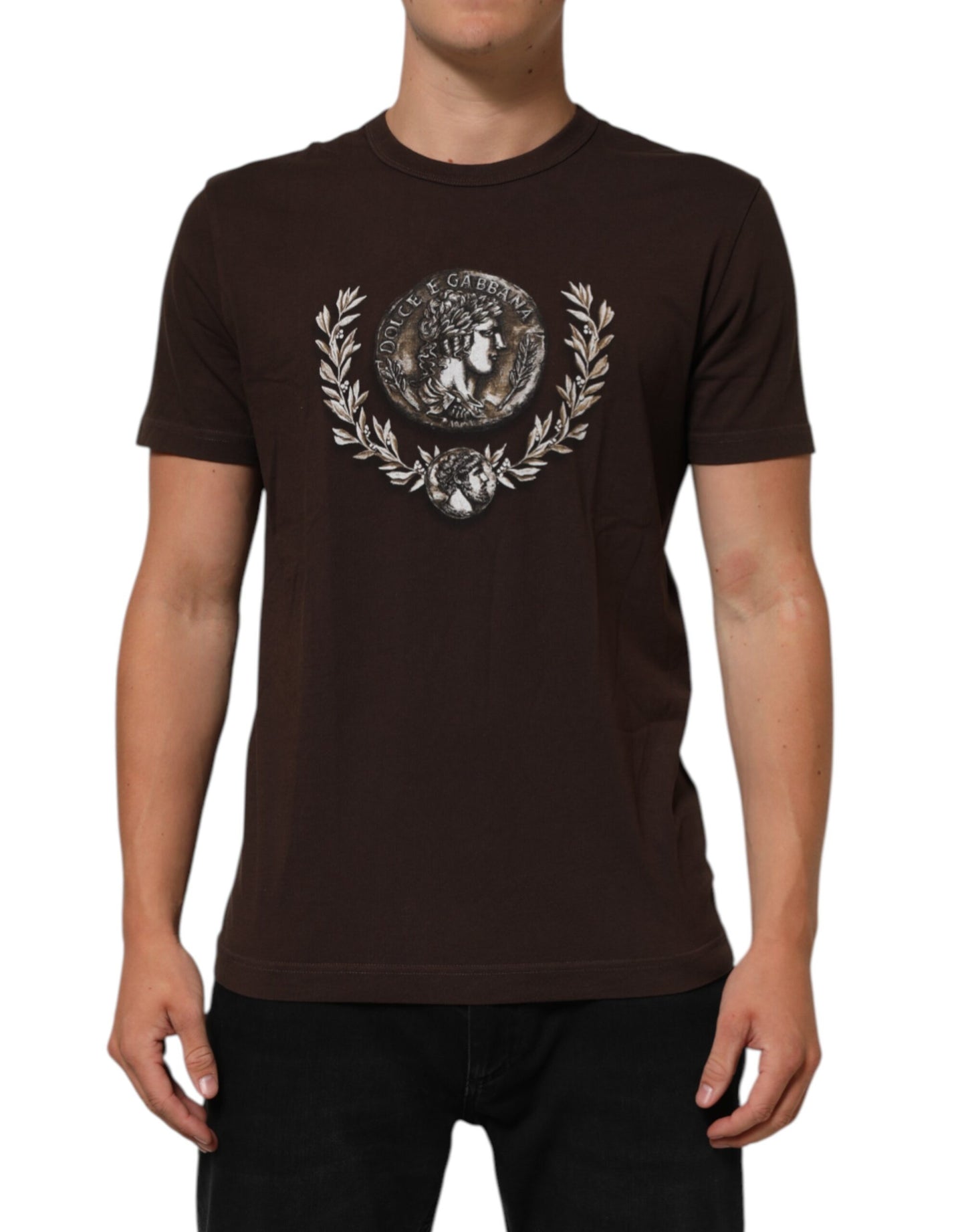 Brown Coin Laurel Print Men Crew Neck T-shirt