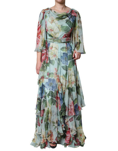 Blue Floral Print Tiered Long Maxi Dress