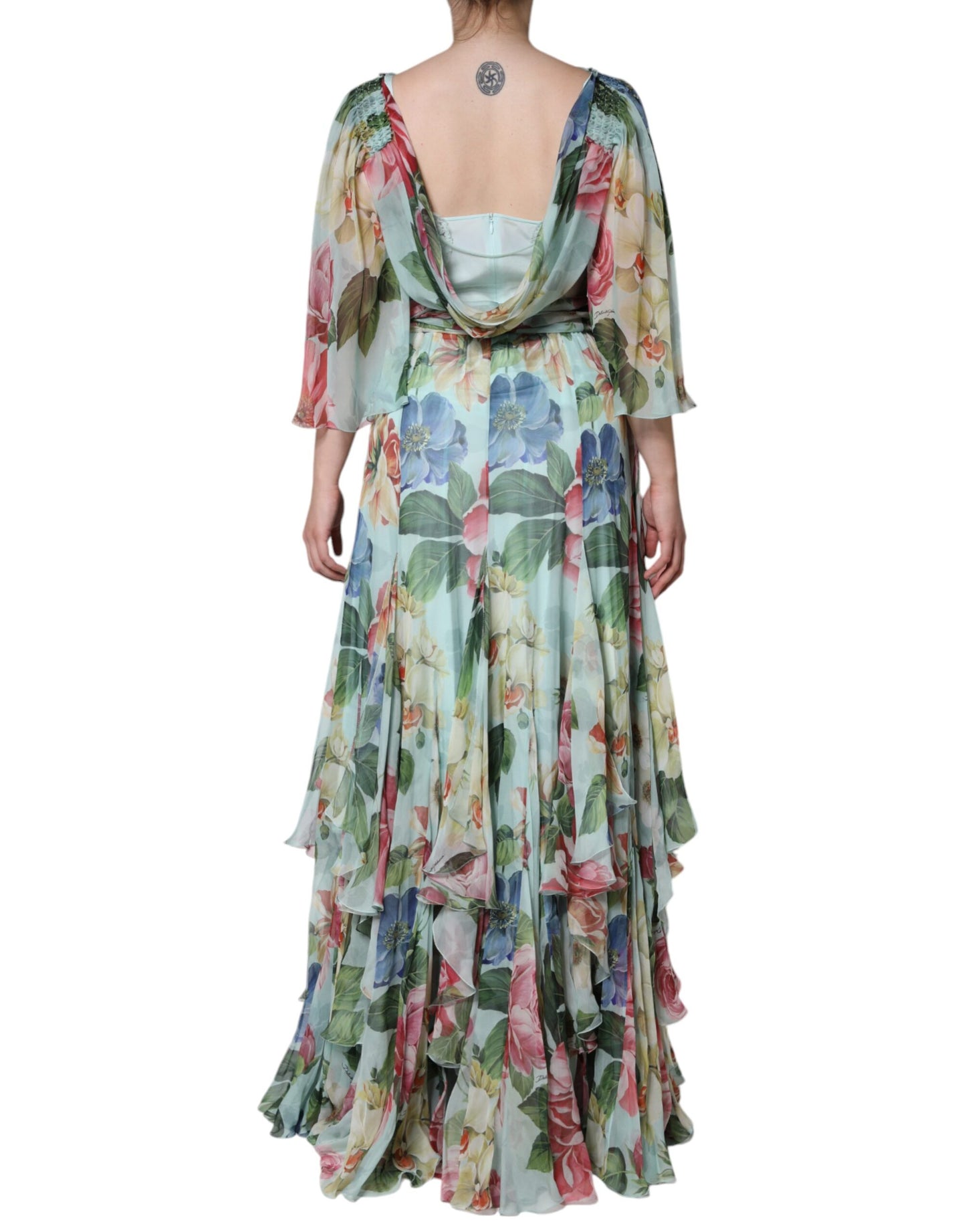 Blue Floral Print Tiered Long Maxi Dress
