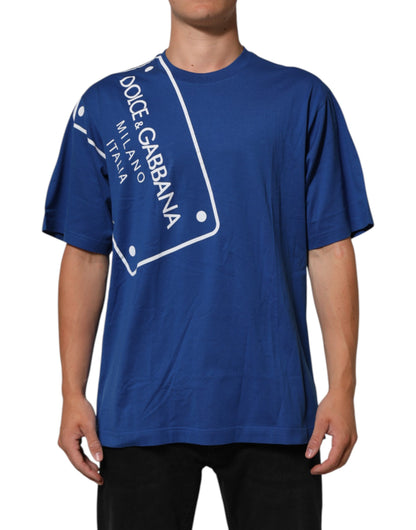 Blue Logo Print Cotton Crew Neck Men T-shirt