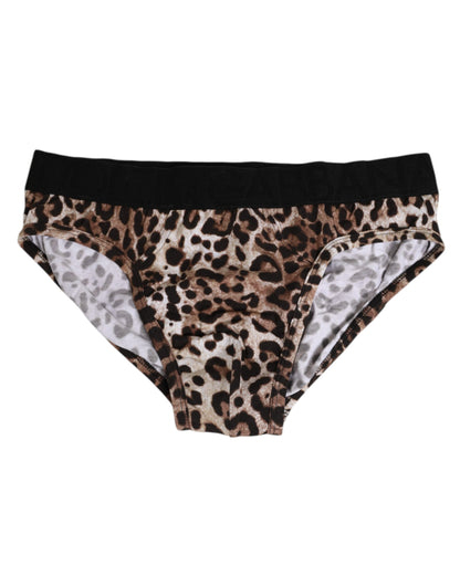 Brown Cotton Leopard Logo Midi Brief Underwear