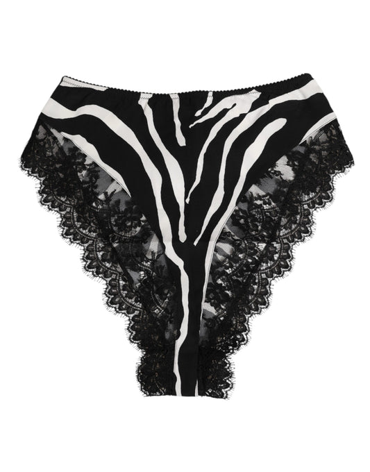 Black Silk Zebra Print Lace High Waist Underwear