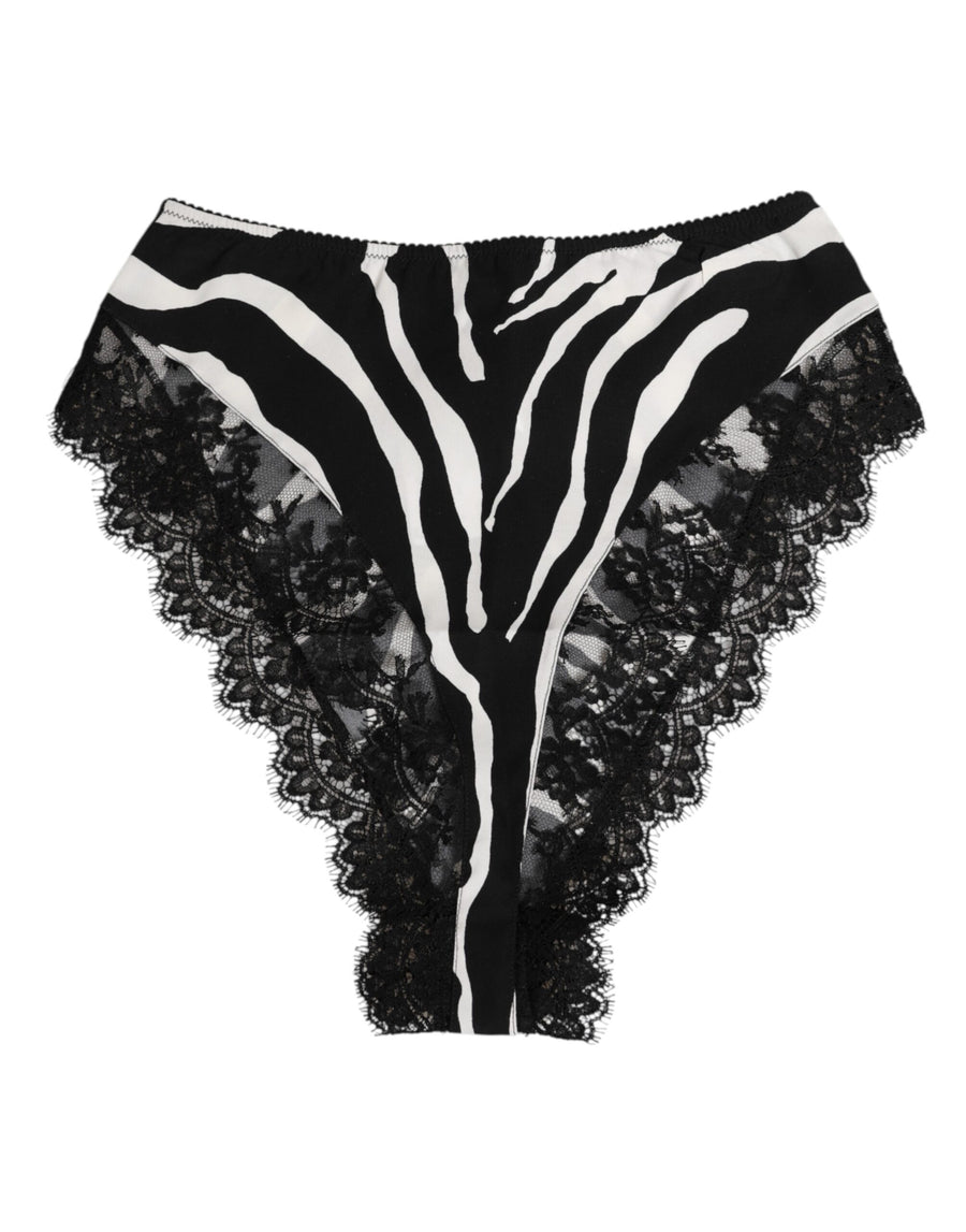 Black Silk Zebra Print Lace High Waist Underwear