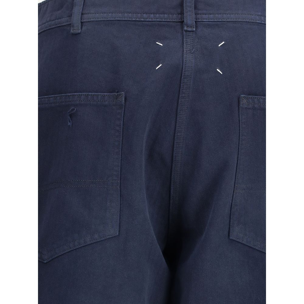 Blue Cotton Casual Pants
