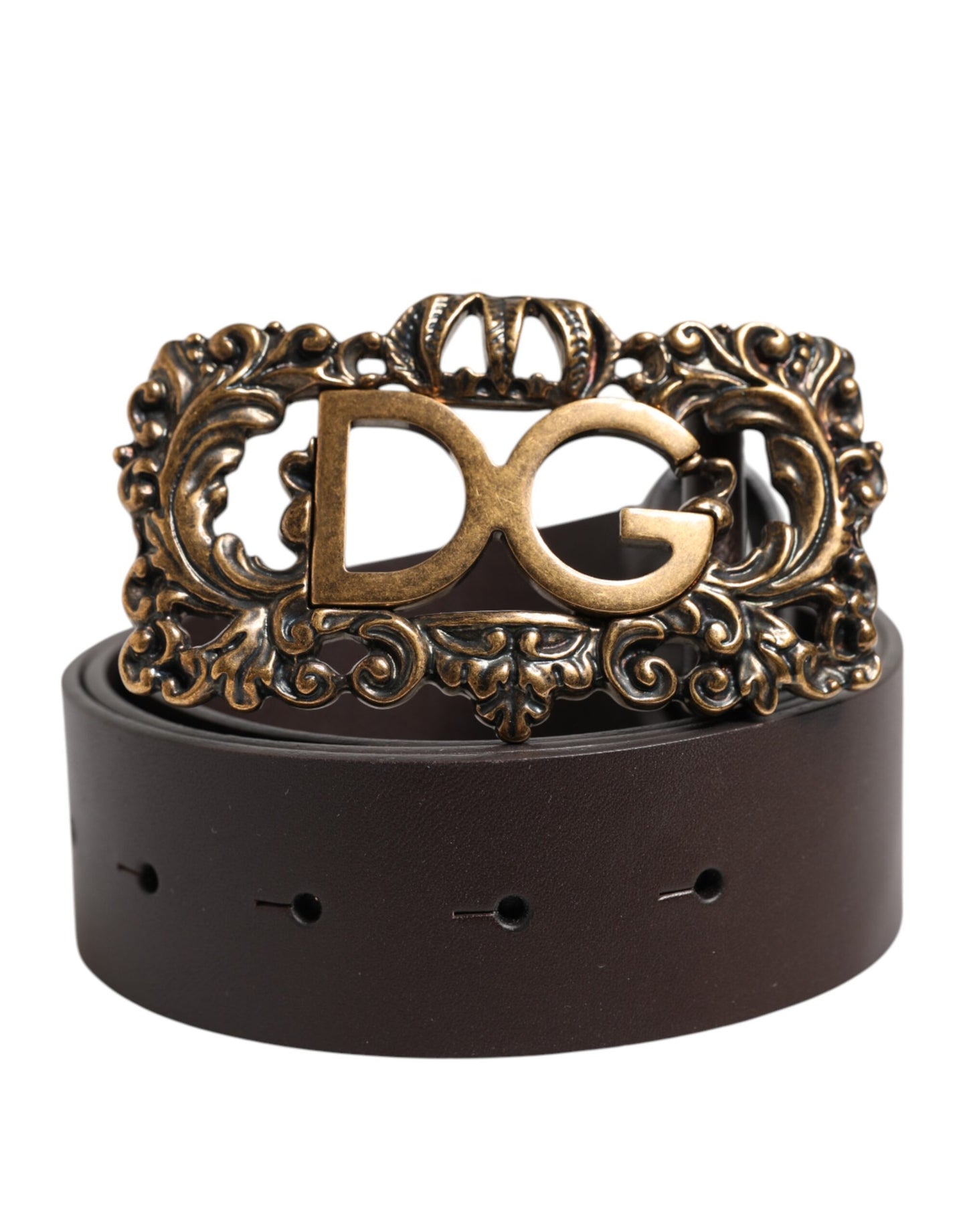 Brown Leather Baroque DG Gold Buckle Men Belt