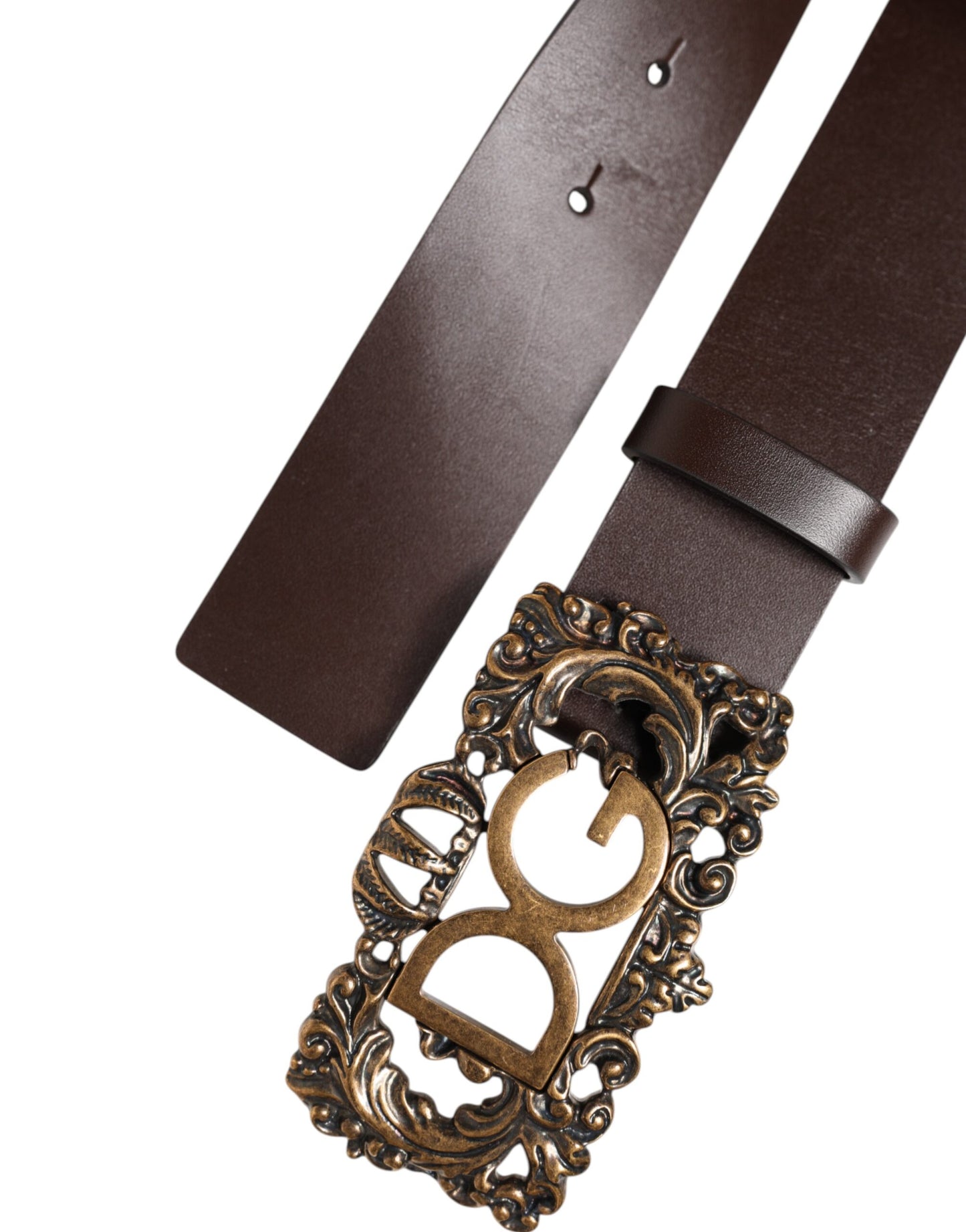 Brown Leather Baroque DG Gold Buckle Men Belt