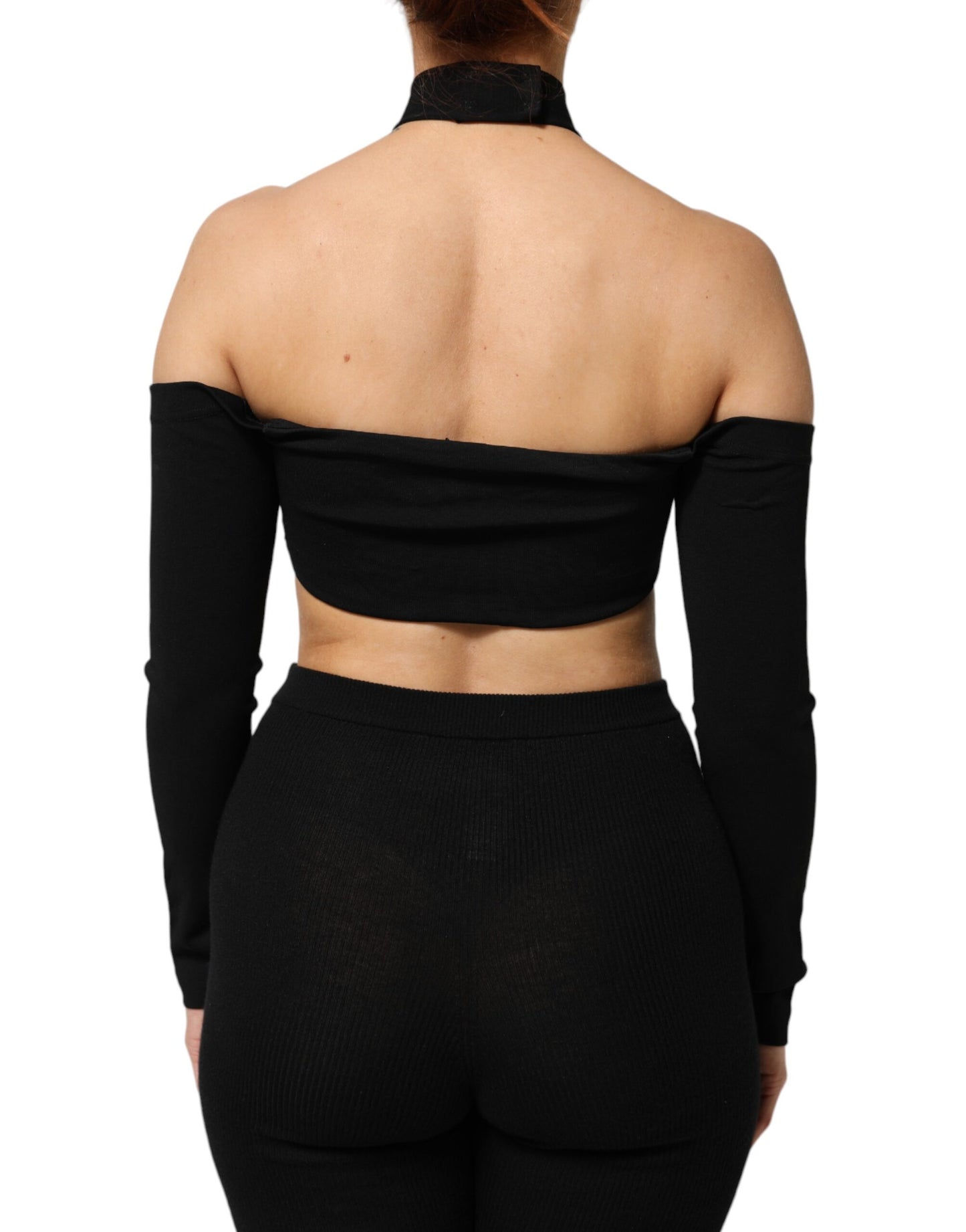 Black Viscose Halter Off Shoulder Cropped Top