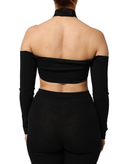 Black Viscose Halter Off Shoulder Cropped Top