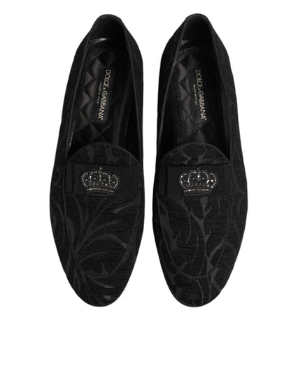 Black Brocade Crown Loafers Dress Shoes