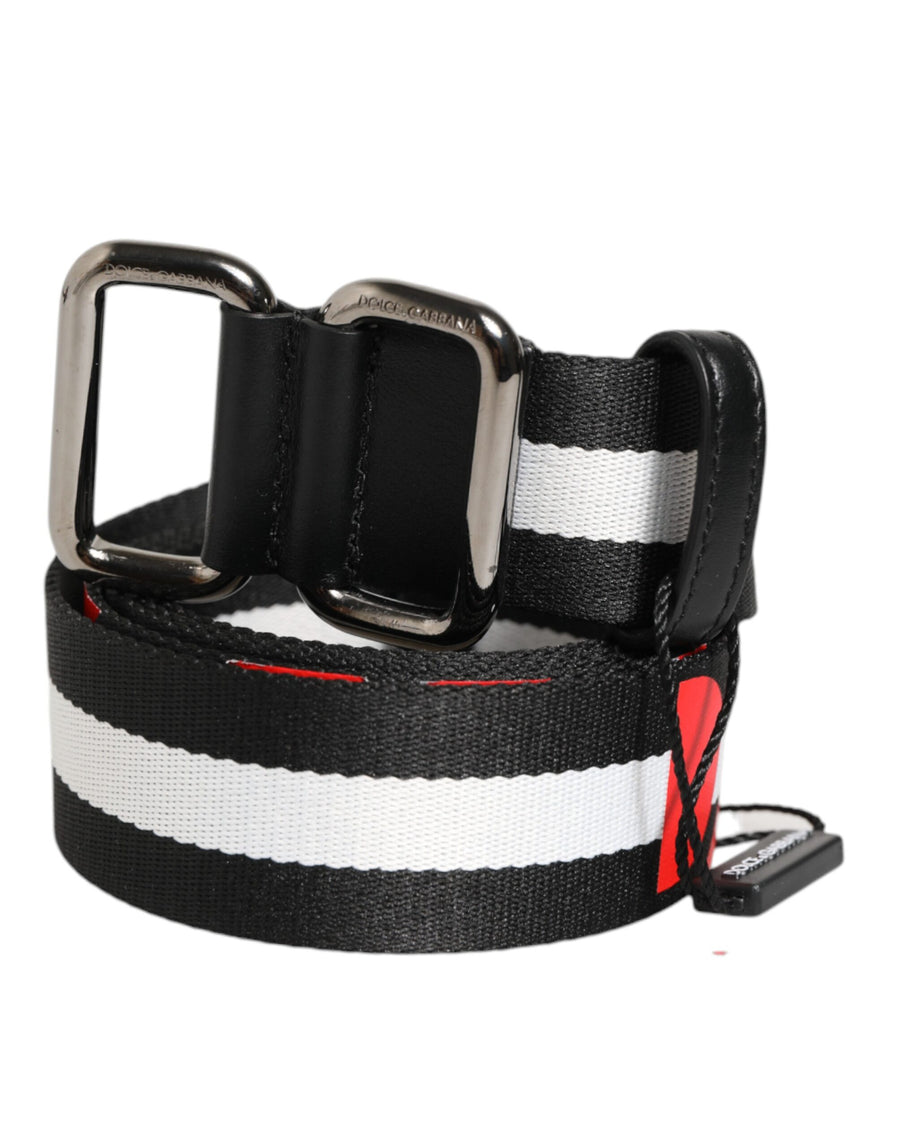 Black White Striped Logo Metal Buckle Belt