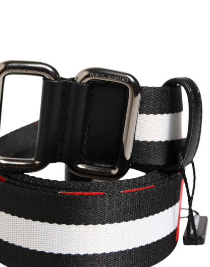 Black White Striped Logo Metal Buckle Belt
