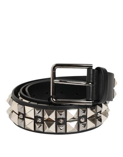 Black Calf Leather Studded Silver Buckle Belt