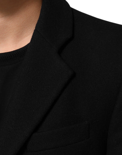 Black Wool Buttoned Men Trench Coat Jacket