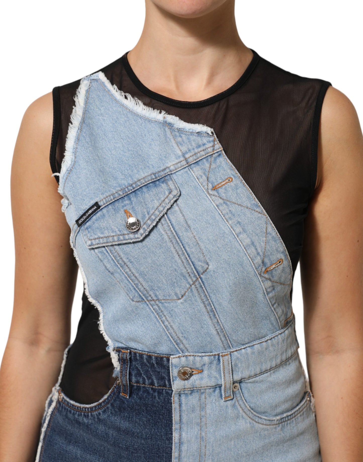 Blue Nylon Patchwork Denim Sheath Mini Dress