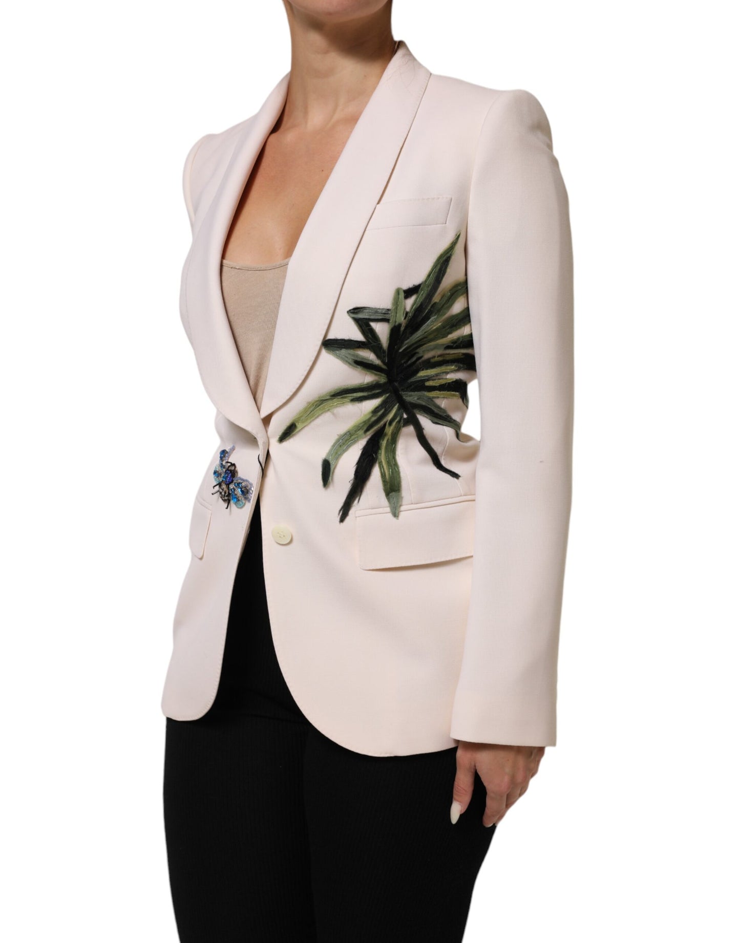 Beige Embroidered Single Breasted Jacket