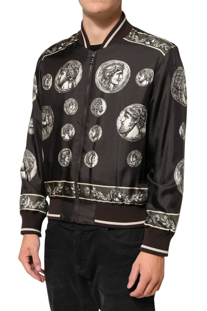 Black "Monete" Coin Print Silk Bomber Jacket