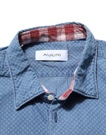 Blue Cotton Slim Fit Collared Long Sleeve Casual Shirt
