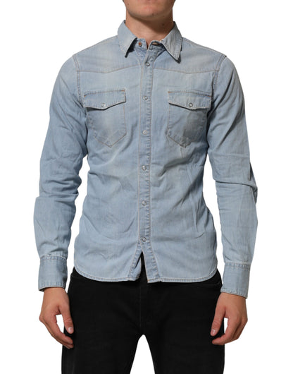 Blue Denim Collared Long Sleeve Men Shirt