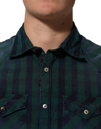 Green Checkered Cotton Button Down Long Sleeves Shirt