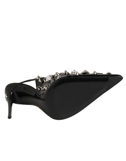 Black Studded Leather Heels Slingbacks Shoes