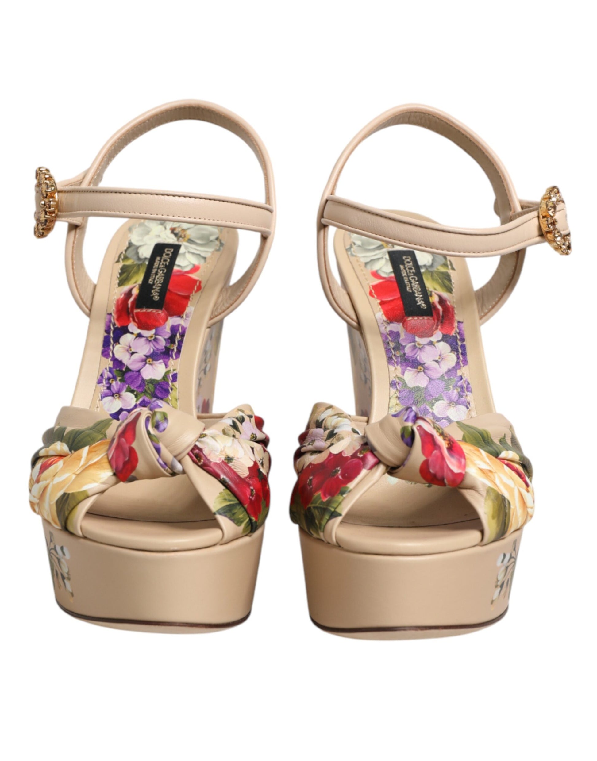 Beige Floral Ankle Strap Wedge Sandals Shoes