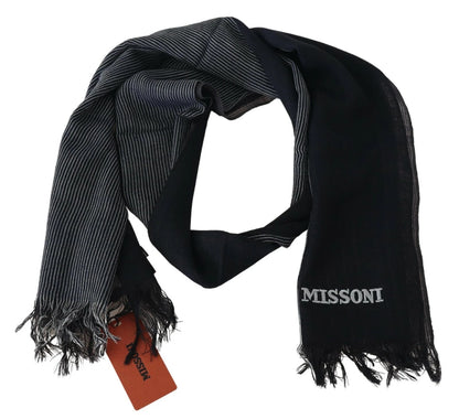 Black Striped Wool Unisex Neck Wrap Fringes Logo Scarf