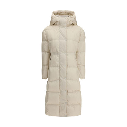 The long Down Jacket with hood and wool trims