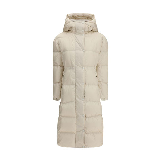 The long Down Jacket with hood and wool trims