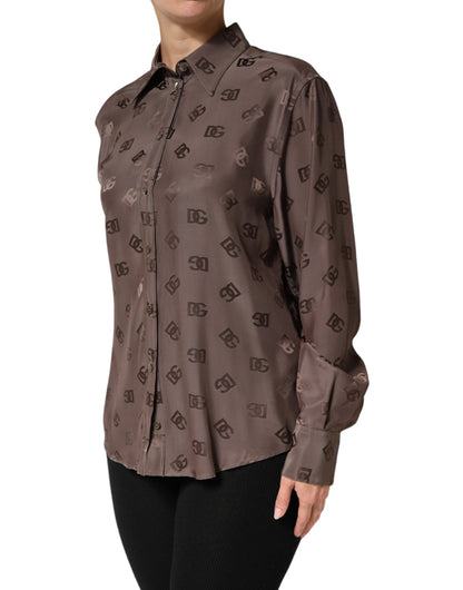 Brown Collared Long Sleeves Logo Shirt Top