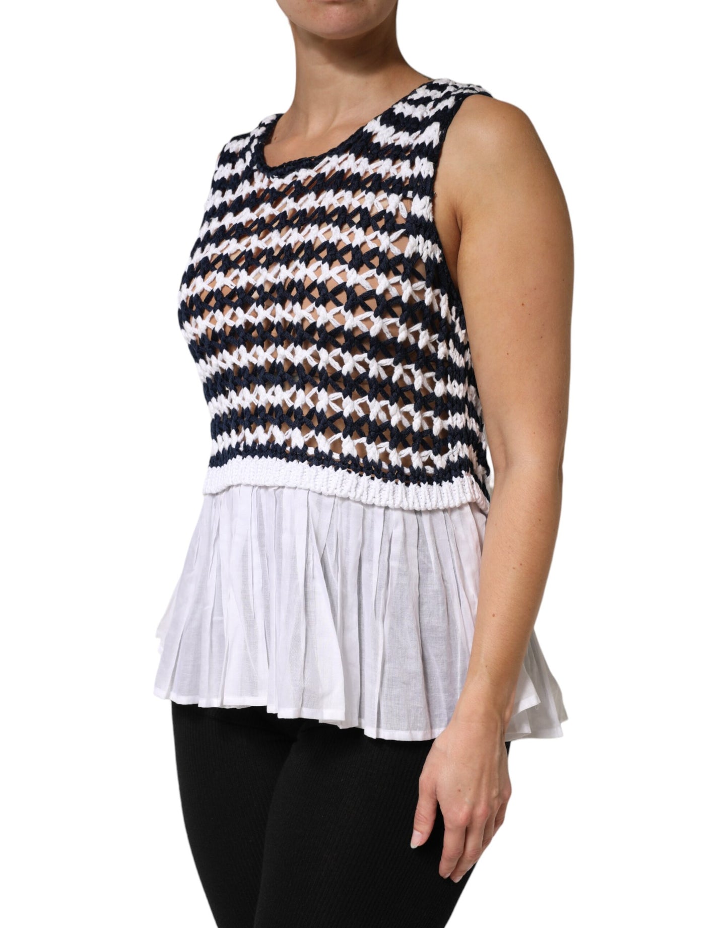 White Black Knitted Round Neck Sleeveless Tank Top