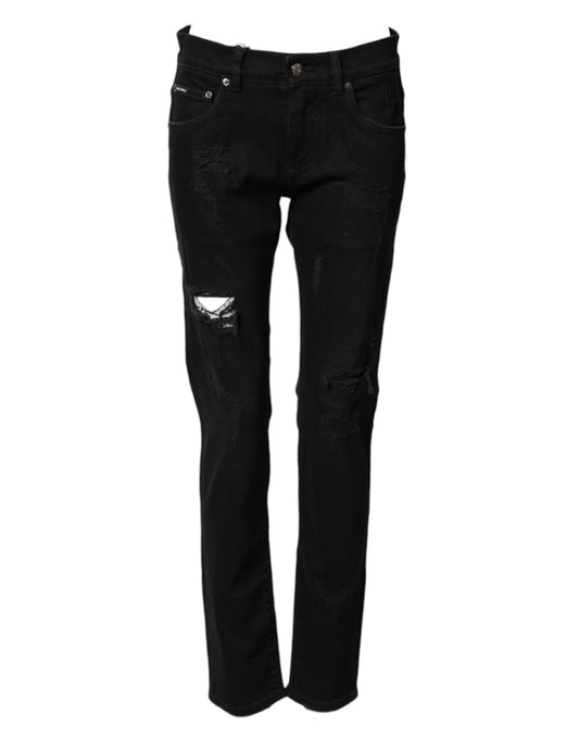 Black Tattered Cotton Men Skinny Denim Jeans