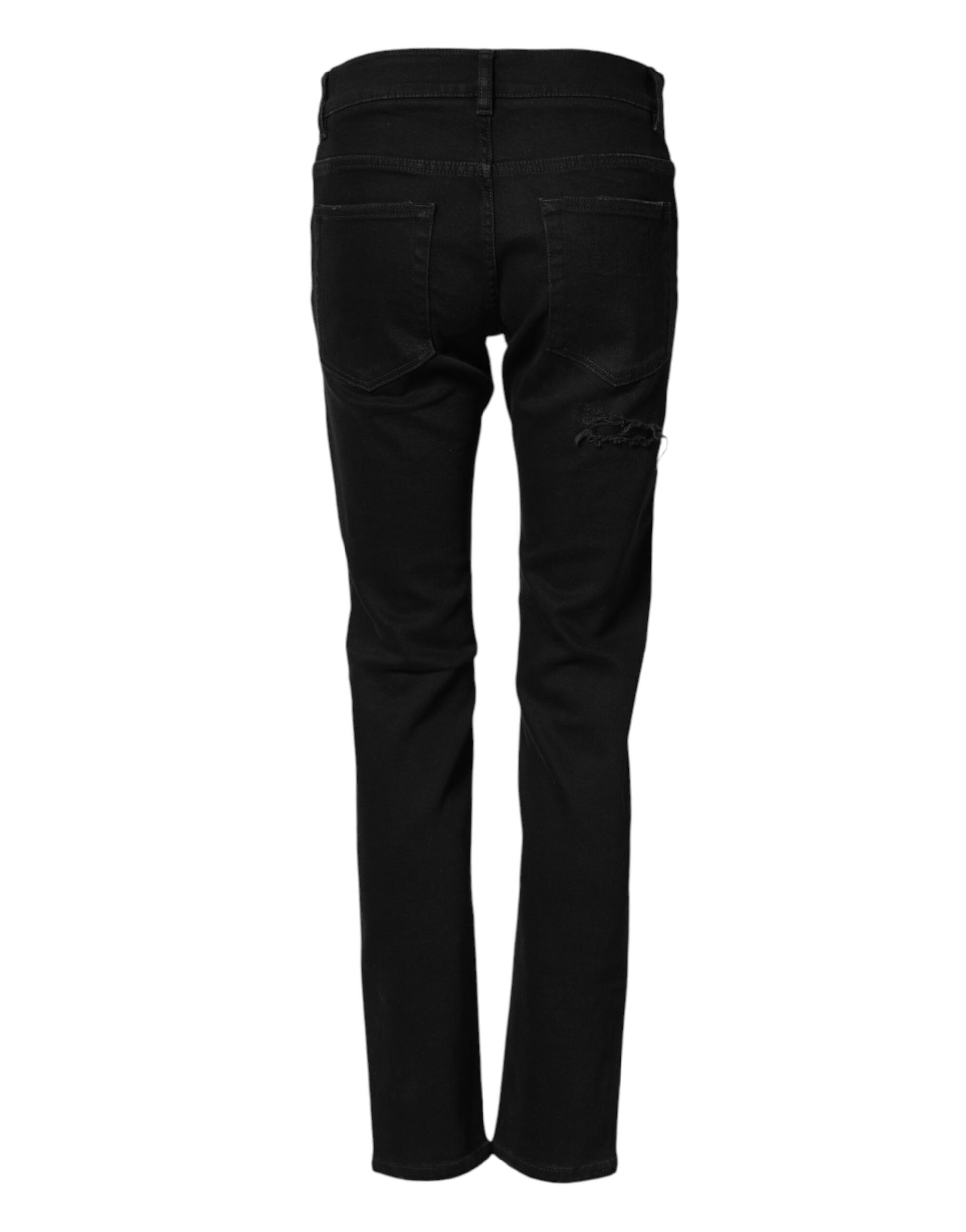 Black Tattered Cotton Men Skinny Denim Jeans
