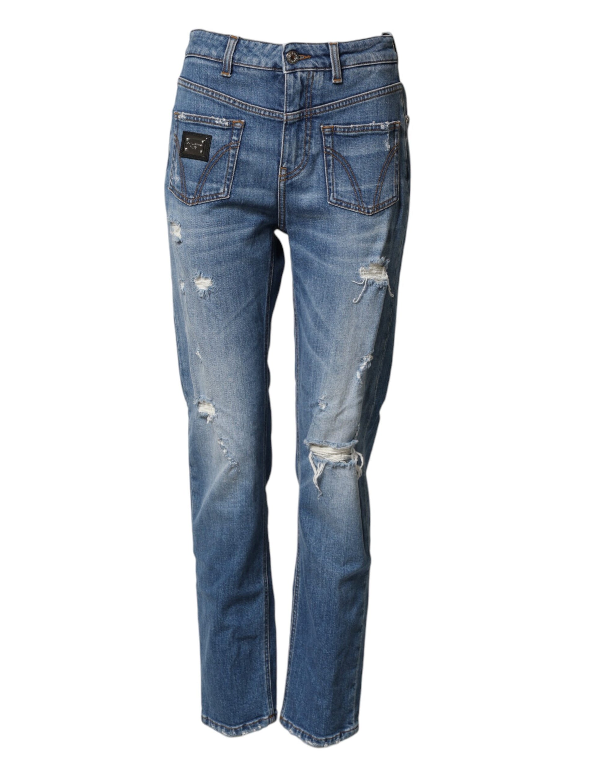 Blue Distressed Washed Cotton Denim Jeans