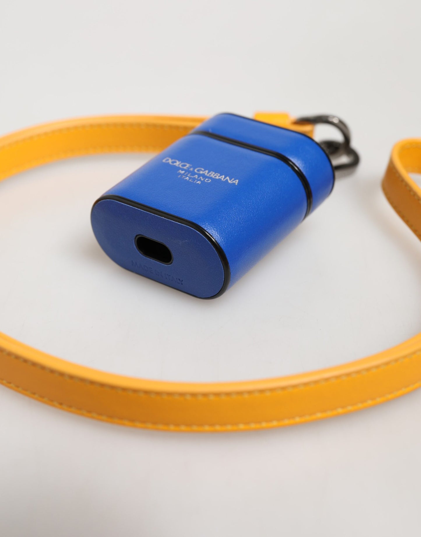 Blue Yellow Calfskin Leather Logo Strap Men Airpods Case