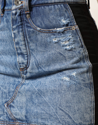 Blue Black Cotton Denim Sheer Midi Skirt